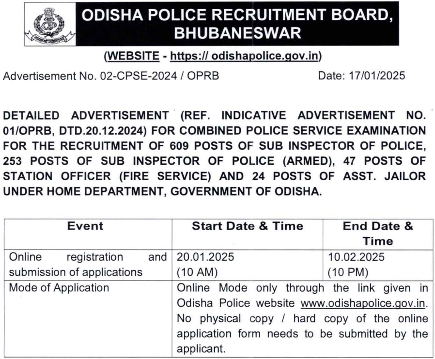 Odisha Police SI Recruitment 2025 Notification